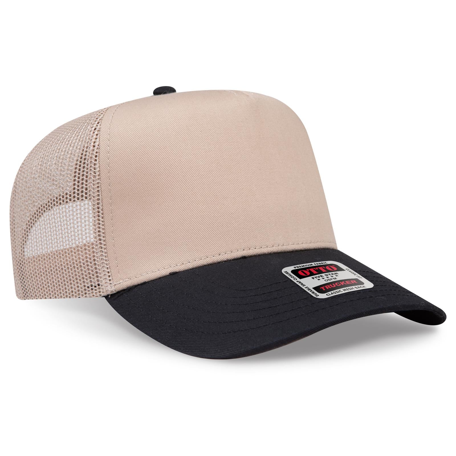 Right View of 0332 - Blk/Kha OTTO CAP 5 Panel Mid Profile Mesh Back Trucker Hat