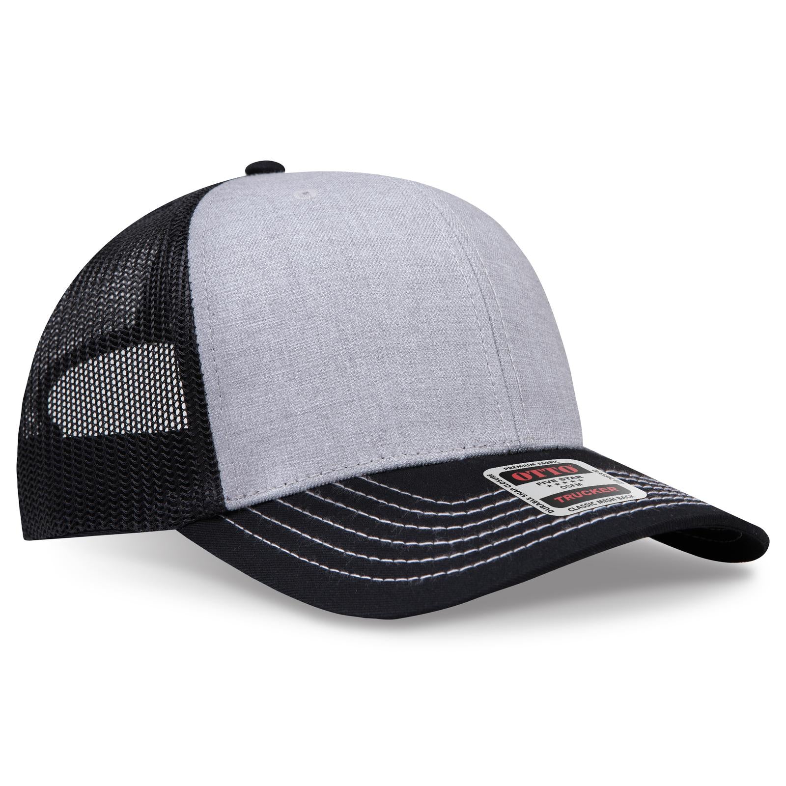 Front View of 037403 - Black/Heather Gray/Black OTTO CAP 6 Panel Mid Profile Mesh Back Trucker Hat