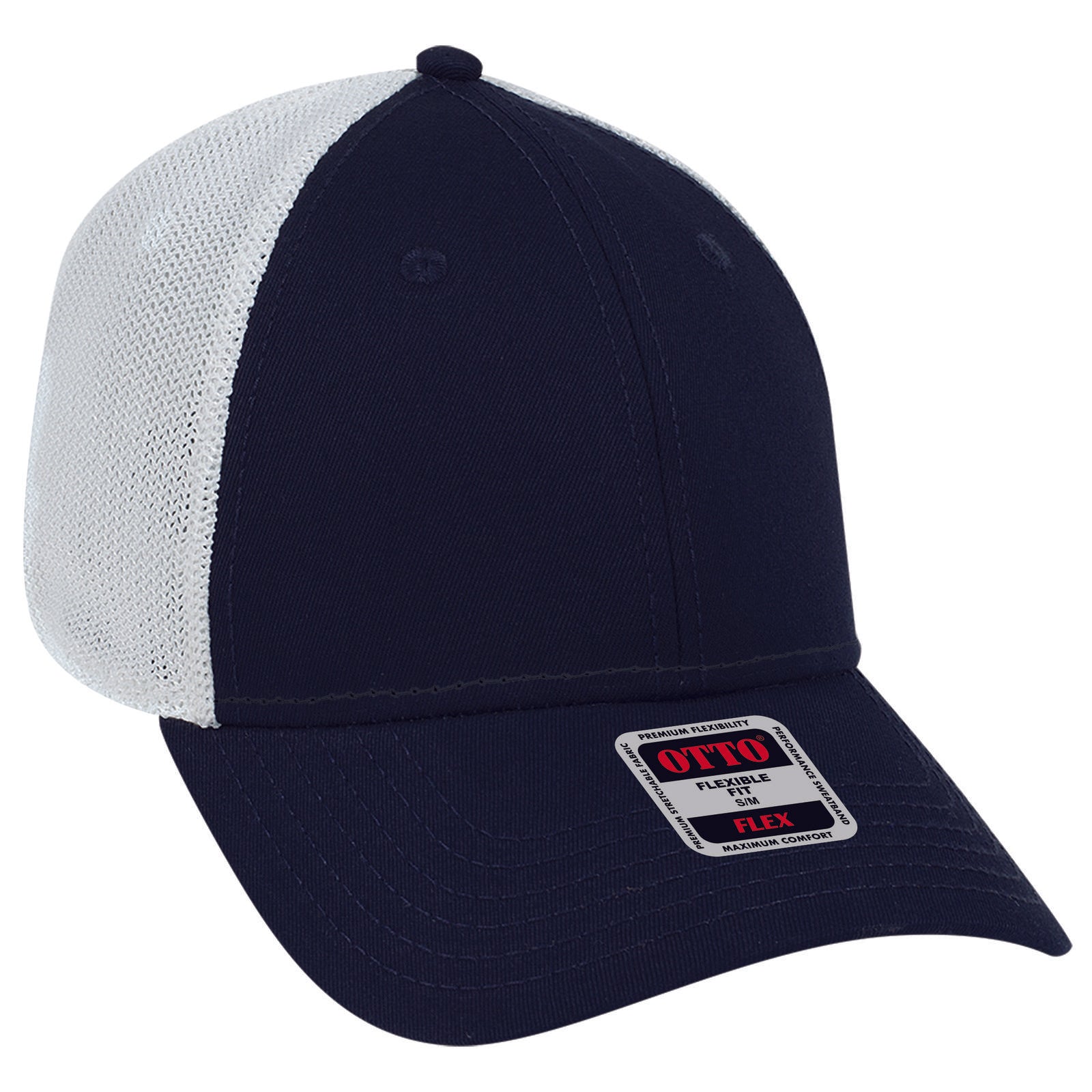 Front View of 040416 - Nvy/Nvy/Wht OTTO CAP "OTTO FLEX" Fitted 6 Panel Low Profile Mesh Back Trucker Hat