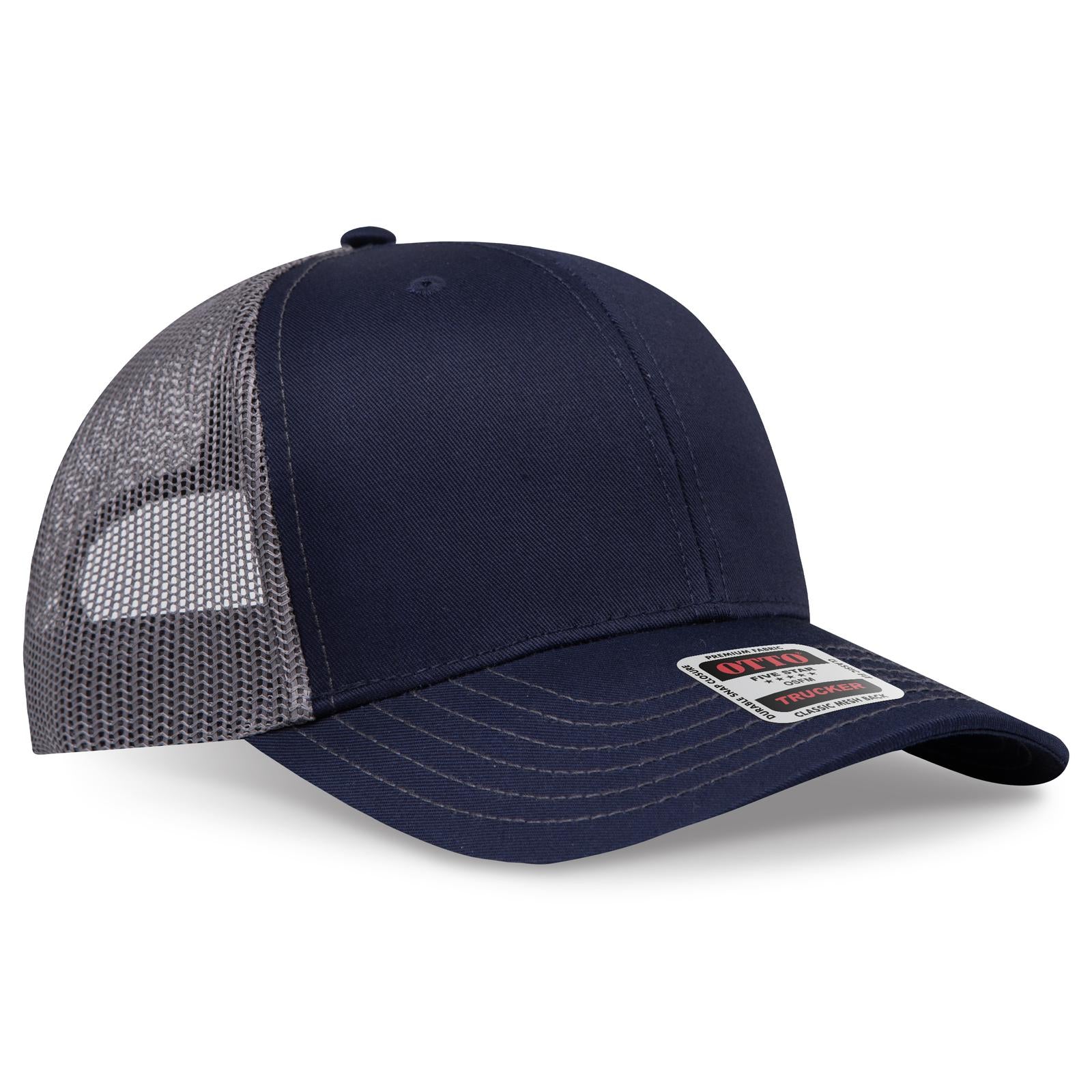 Right View of 040425 - Nvy/Nvy/Ch.Gry OTTO CAP 6 Panel Mid Profile Mesh Back Trucker Hat