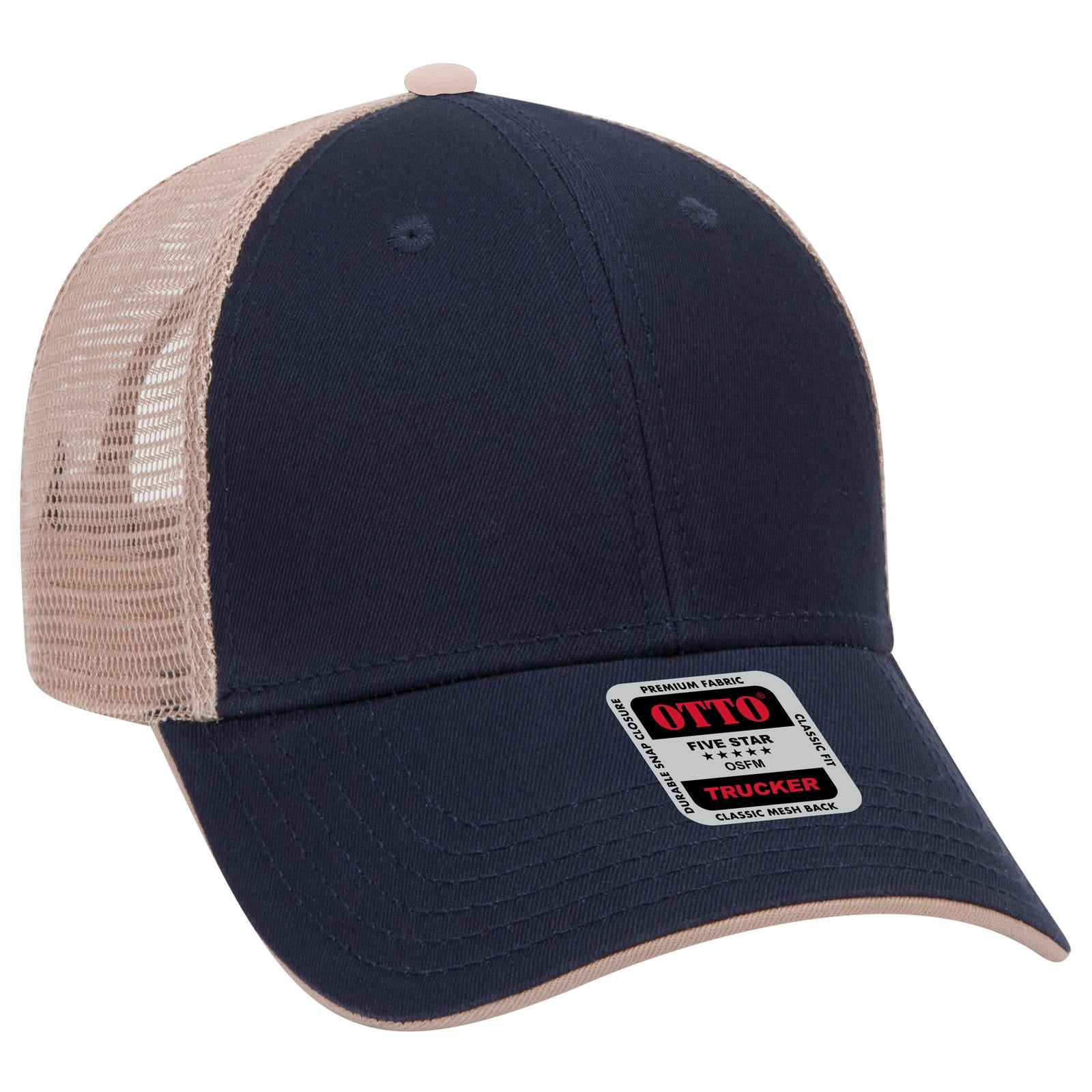 Front View of 040432 - Nvy/Nvy/Kha OTTO CAP 6 Panel Low Profile Mesh Back Trucker Hat