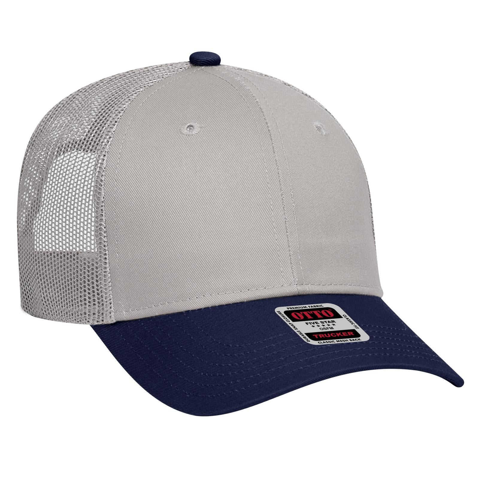 Right View of 0414 - Nvy/Gry OTTO CAP 6 Panel Low Profile Mesh Back Trucker Hat