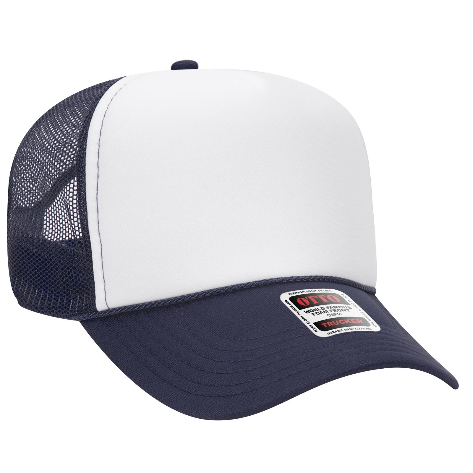Front View of 041604 - Nvy/Wht/Nvy OTTO CAP 5 Panel Mid Profile Mesh Back Trucker Hat