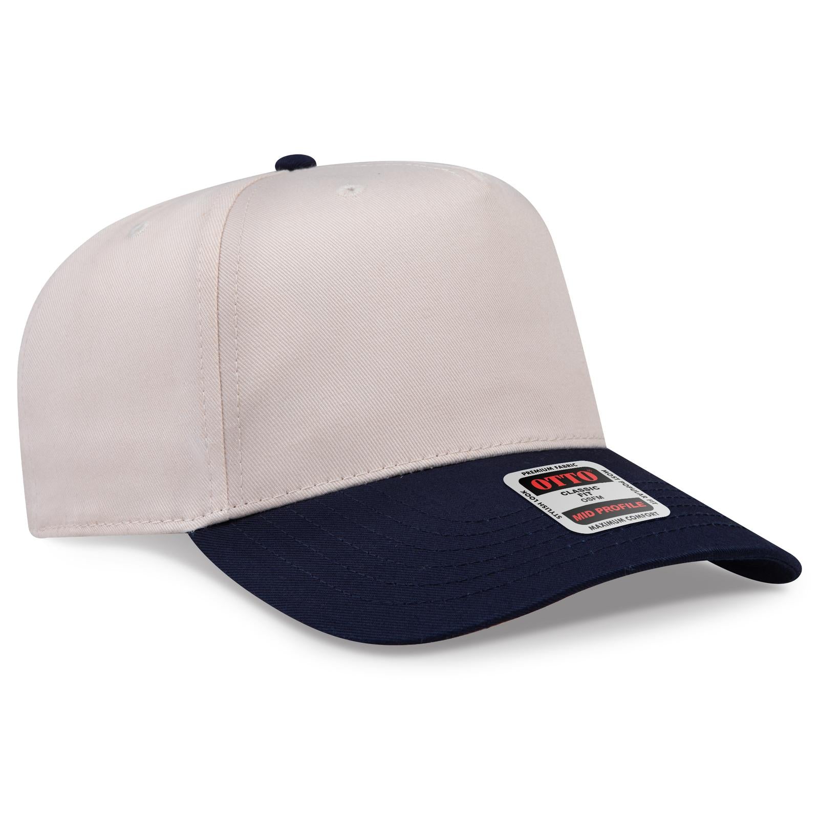 Front View of 0431 - Nvy/Natrl OTTO CAP 5 Panel Mid Profile Baseball Cap