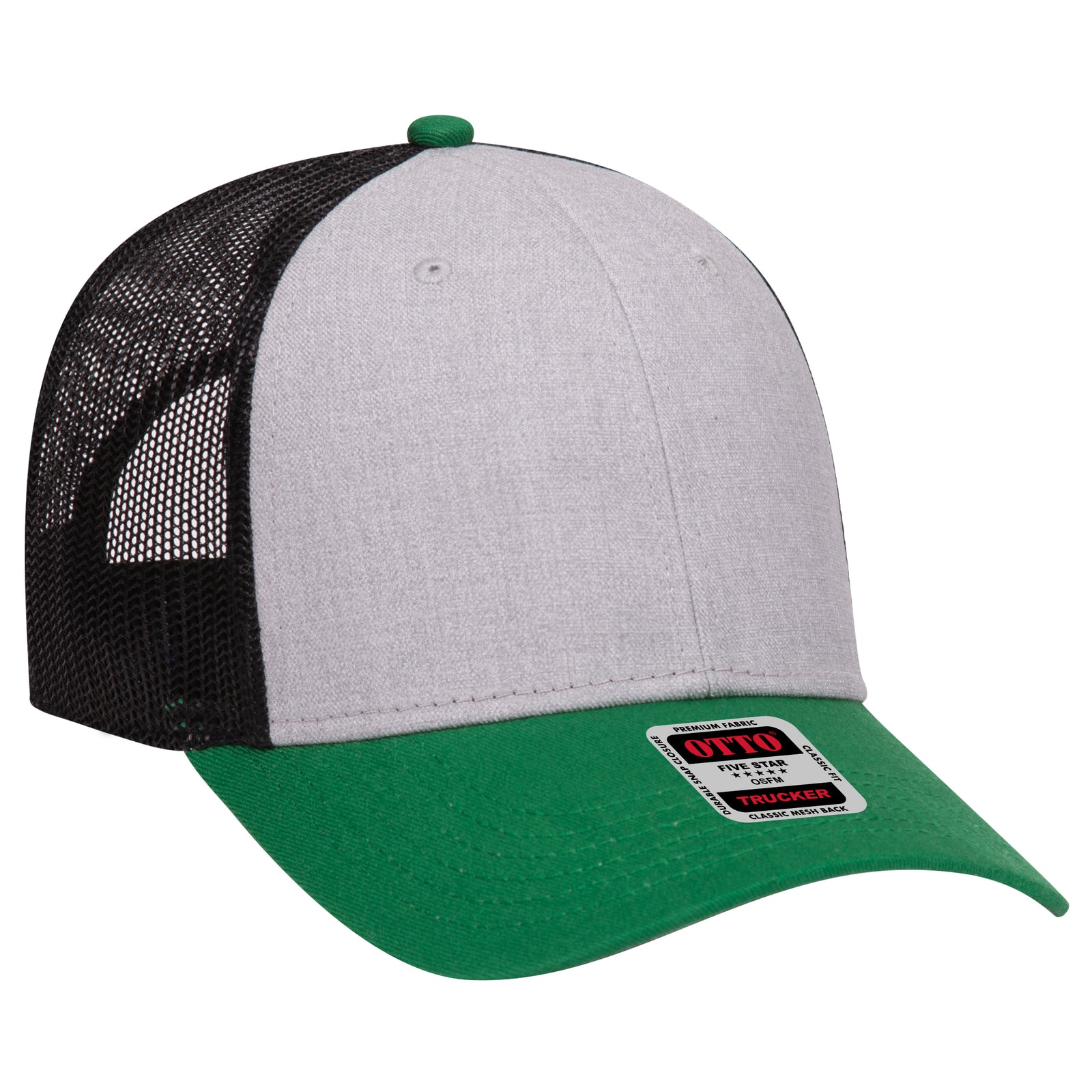 Right View of 057403 - Kelly/HeatherGray/Black OTTO CAP 6 Panel Low Profile Mesh Back Trucker Hat