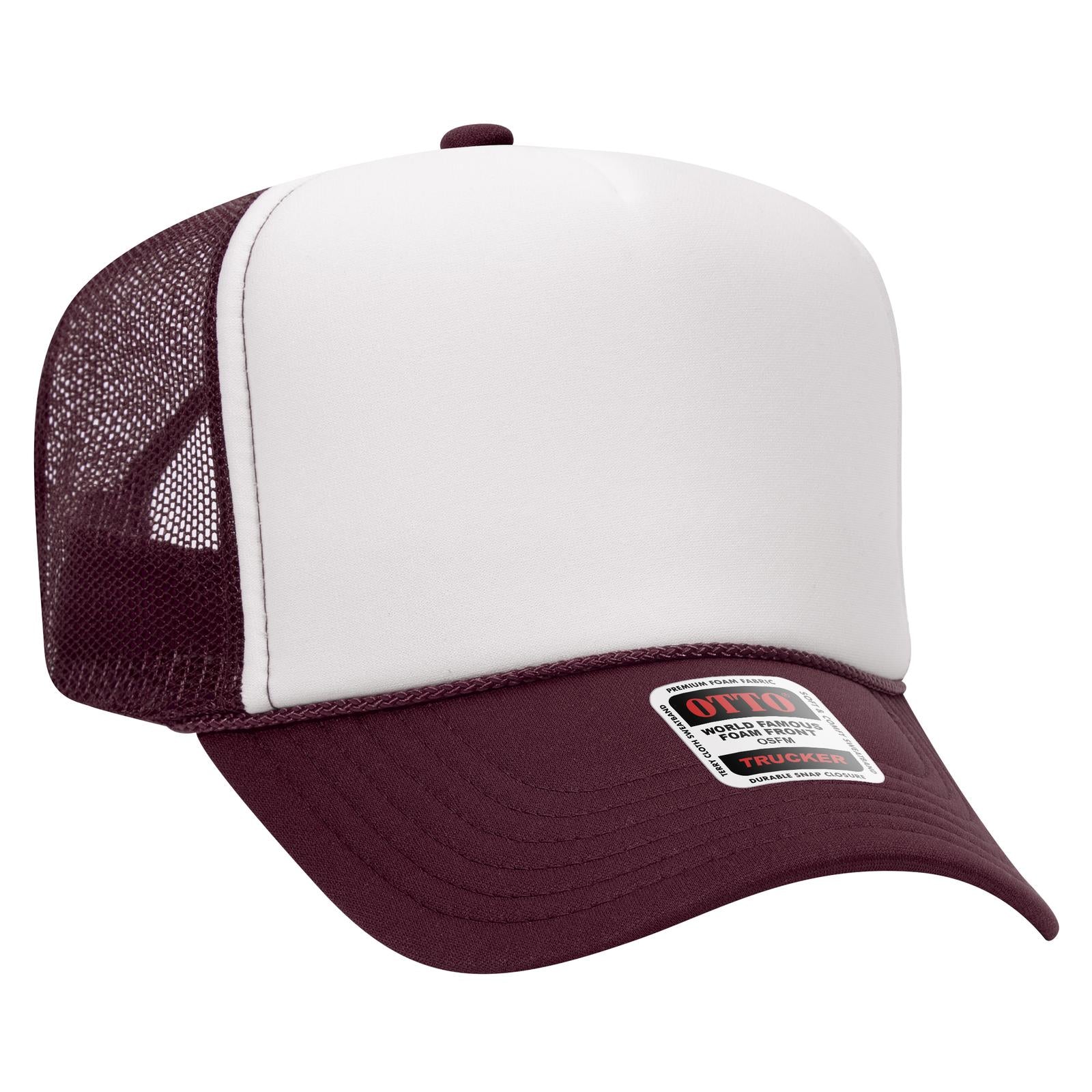 Right View of 101610 - Mrn/Wht/Mrn OTTO CAP 5 Panel High Crown Mesh Back Trucker Hat