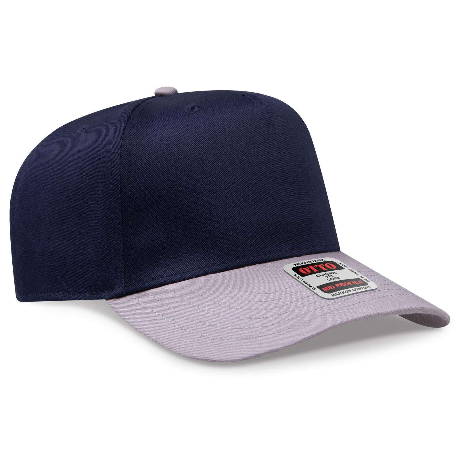 Front View of 1404 - Gry/Nvy OTTO CAP 5 Panel Mid Profile Baseball Cap