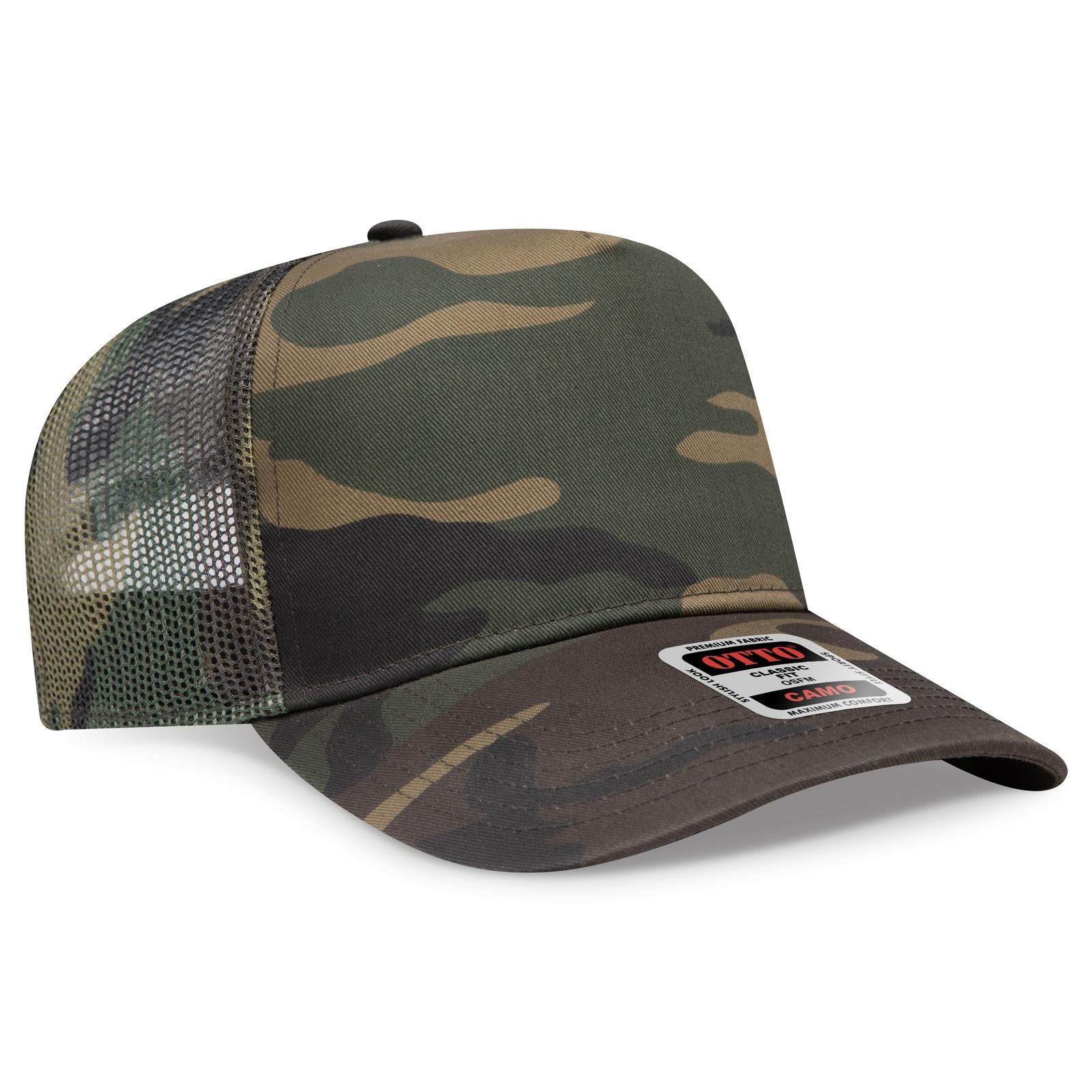 Front View of 1707 - Dk.Grn/Brn OTTO CAP Camouflage 5 Panel Mid Profile Mesh Back Trucker Hat