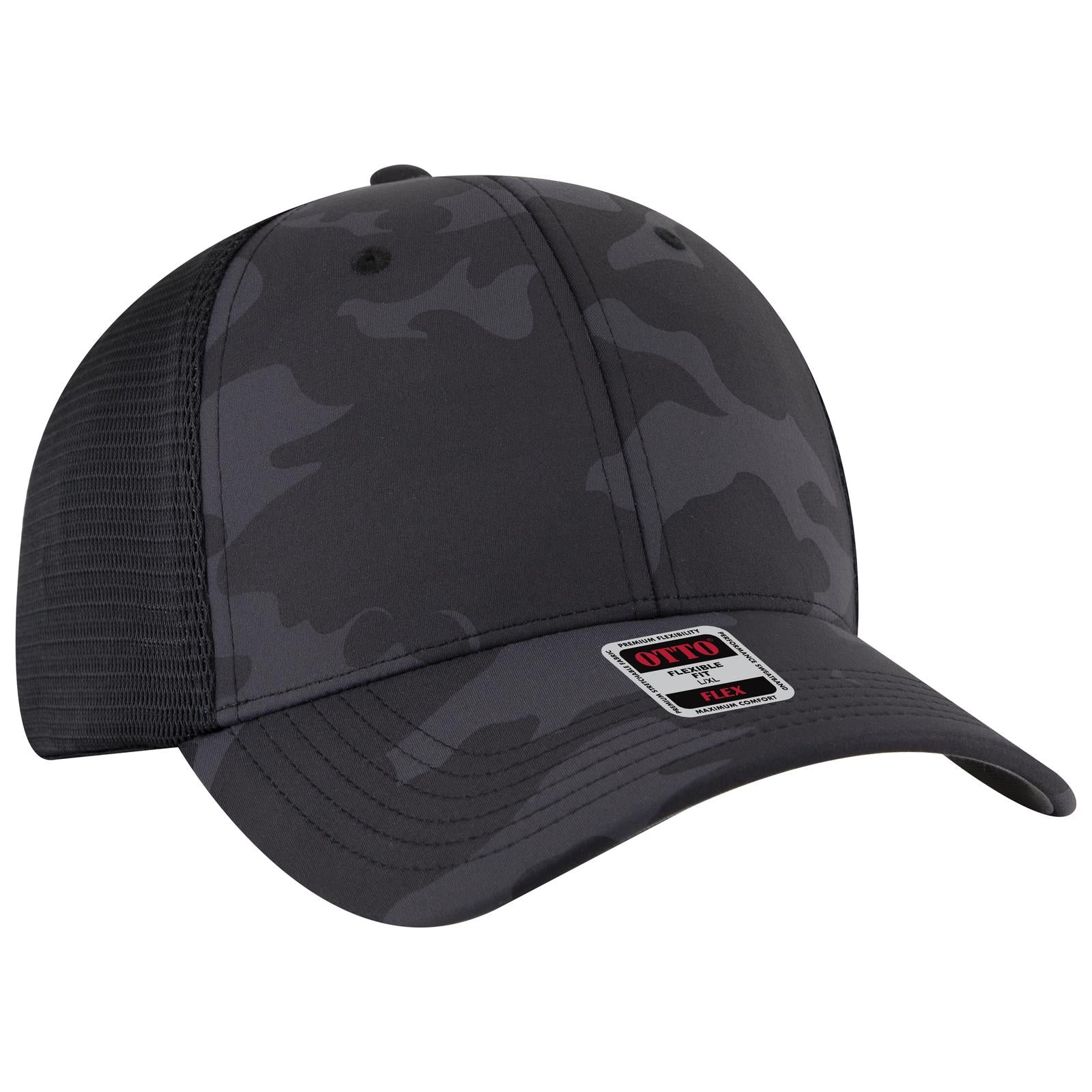 Front View of 250303 - Ch. Gry/Blk/Blk OTTO CAP "OTTO FLEX" Fitted 6 Panel Low Profile Mesh Back Trucker Hat