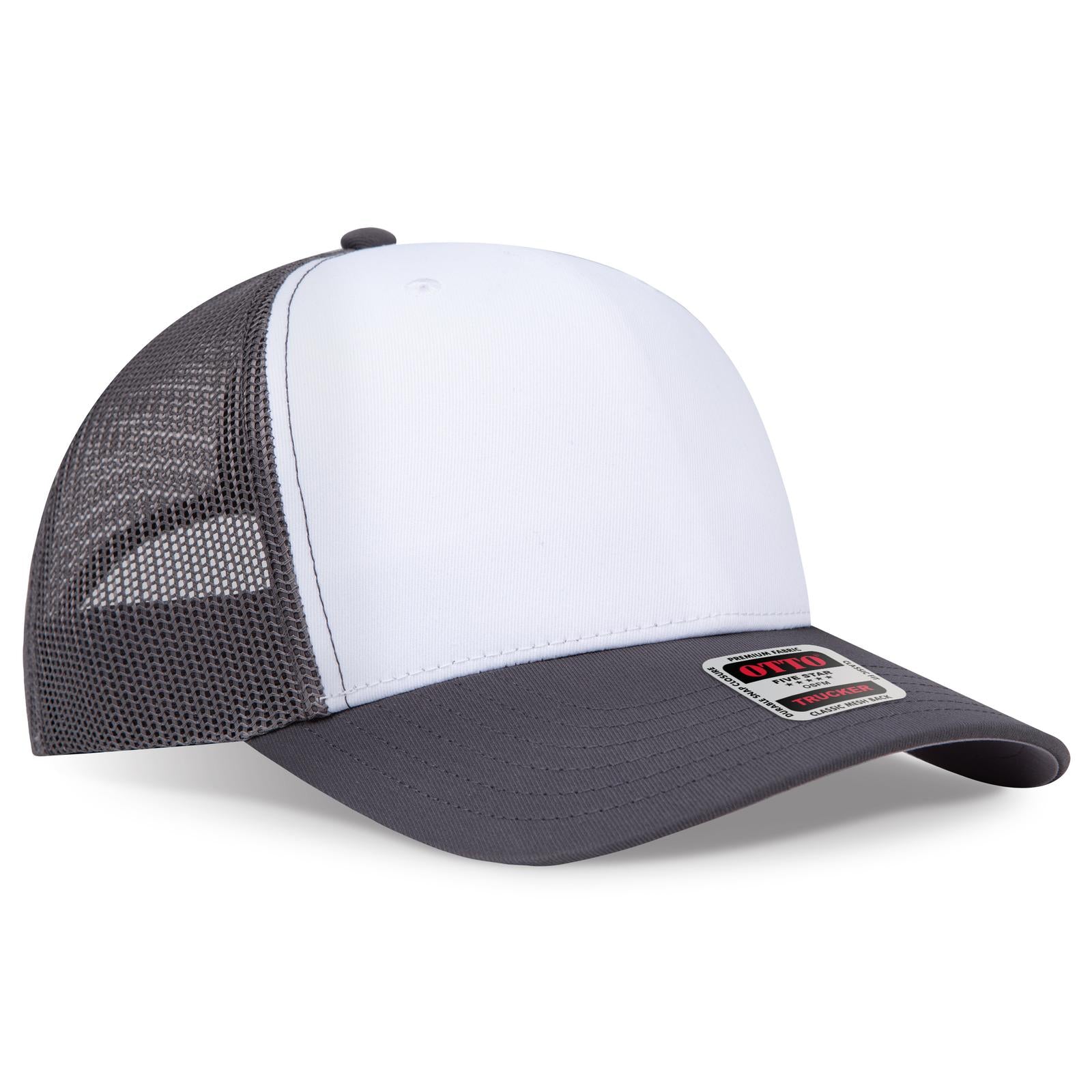 Right View of 251625 - Ch.Gry/Wht/Ch.Gry OTTO CAP Seamless 6 Panel Mid Profile Mesh Back Trucker Hat