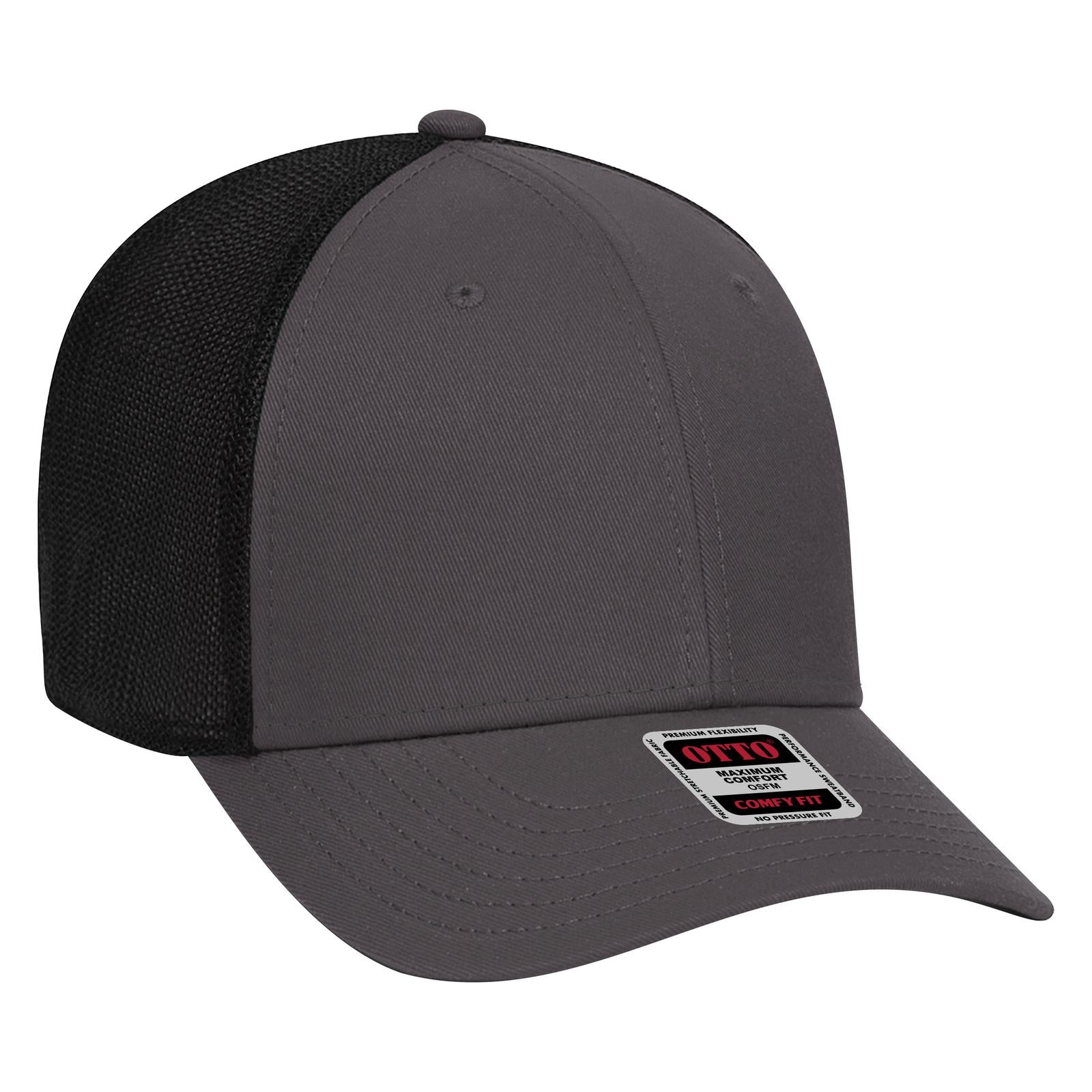 Front View of 252503 - Ch.Gry/Ch.Gry/Blk OTTO CAP "OTTO COMFY FIT" 6 Panel Low Profile Mesh Back Trucker Hat