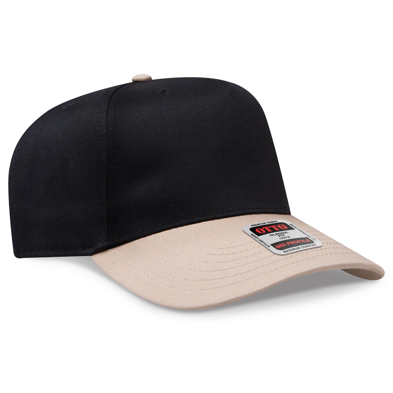 Front View of 3203 - Kha/Blk OTTO CAP 5 Panel Mid Profile Baseball Cap