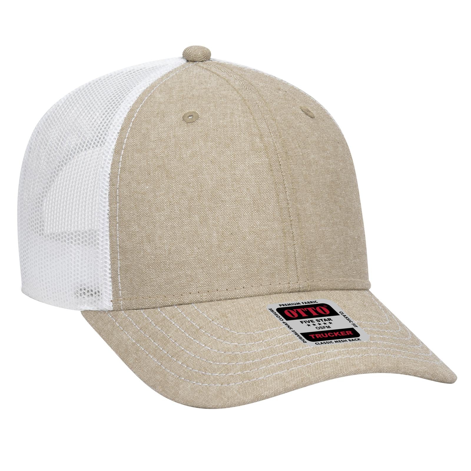 Front View of 3216X - Kha/Wht OTTO CAP 6 Panel Low Profile Mesh Back Trucker Hat