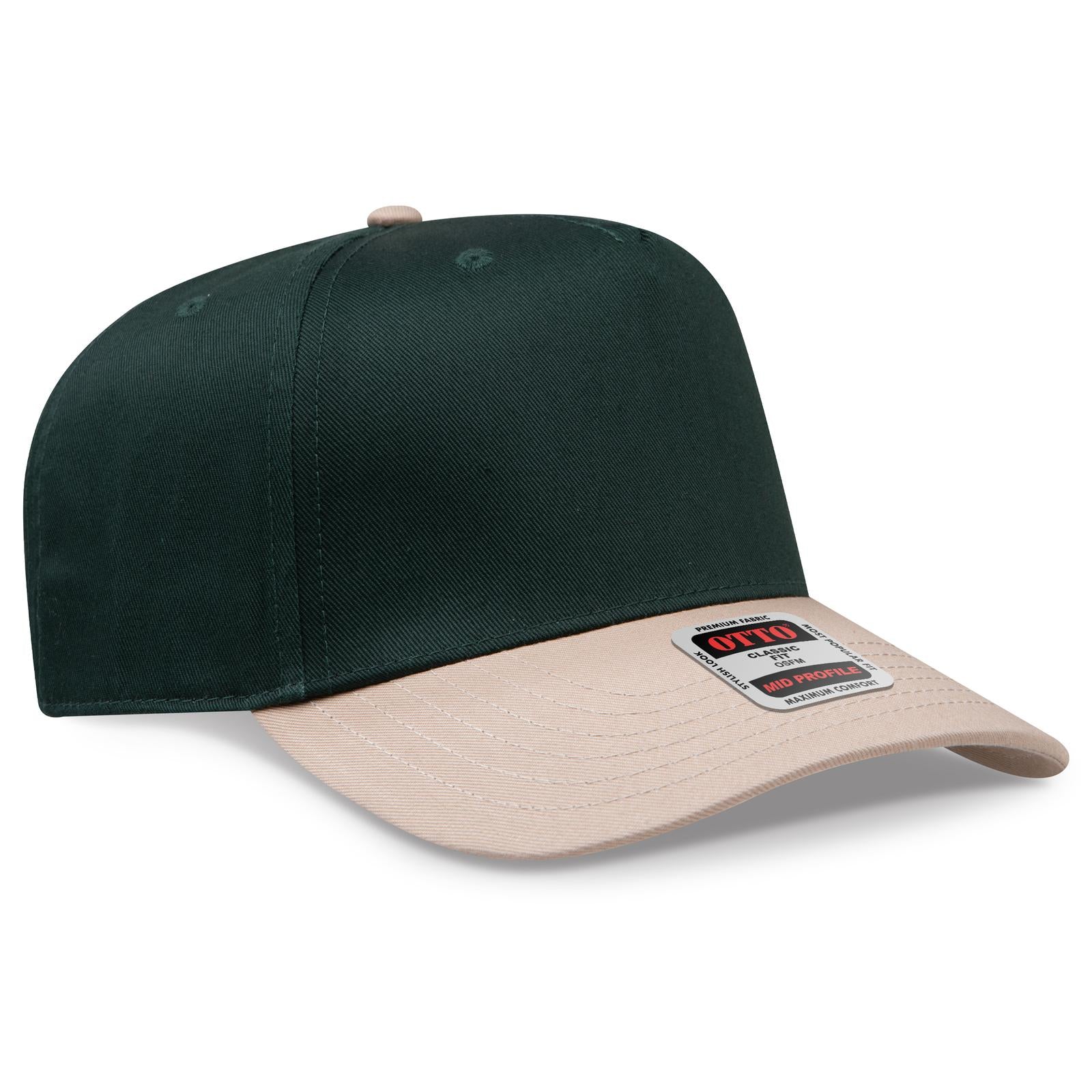 Front View of 3217 - Kha/Dk.Grn OTTO CAP 5 Panel Mid Profile Baseball Cap