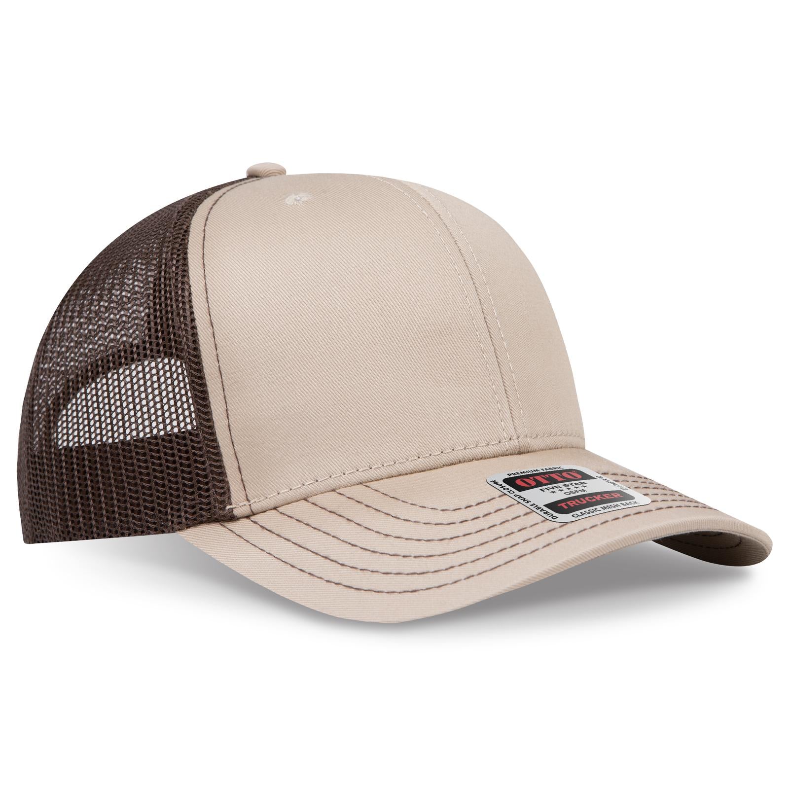 Right View of 323239 - Kha/Kha/Dk.Brn OTTO CAP 6 Panel Mid Profile Mesh Back Trucker Hat