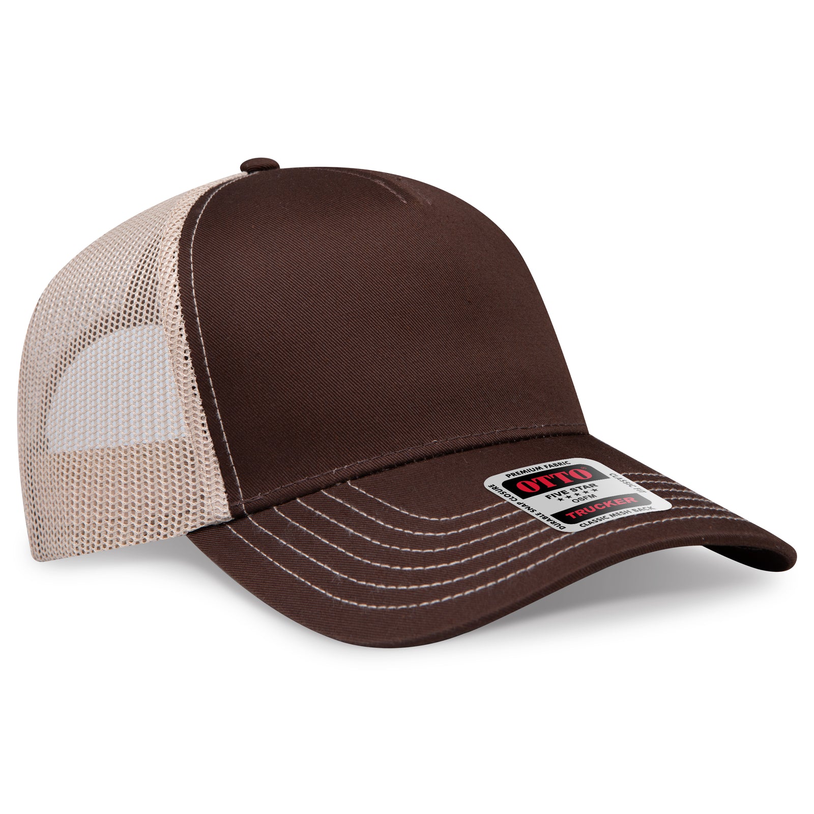 Right View of 393932 - Dk.Brn/Dk.Brn/Kha OTTO CAP 5 Panel Low Profile Mesh Back Trucker Hat