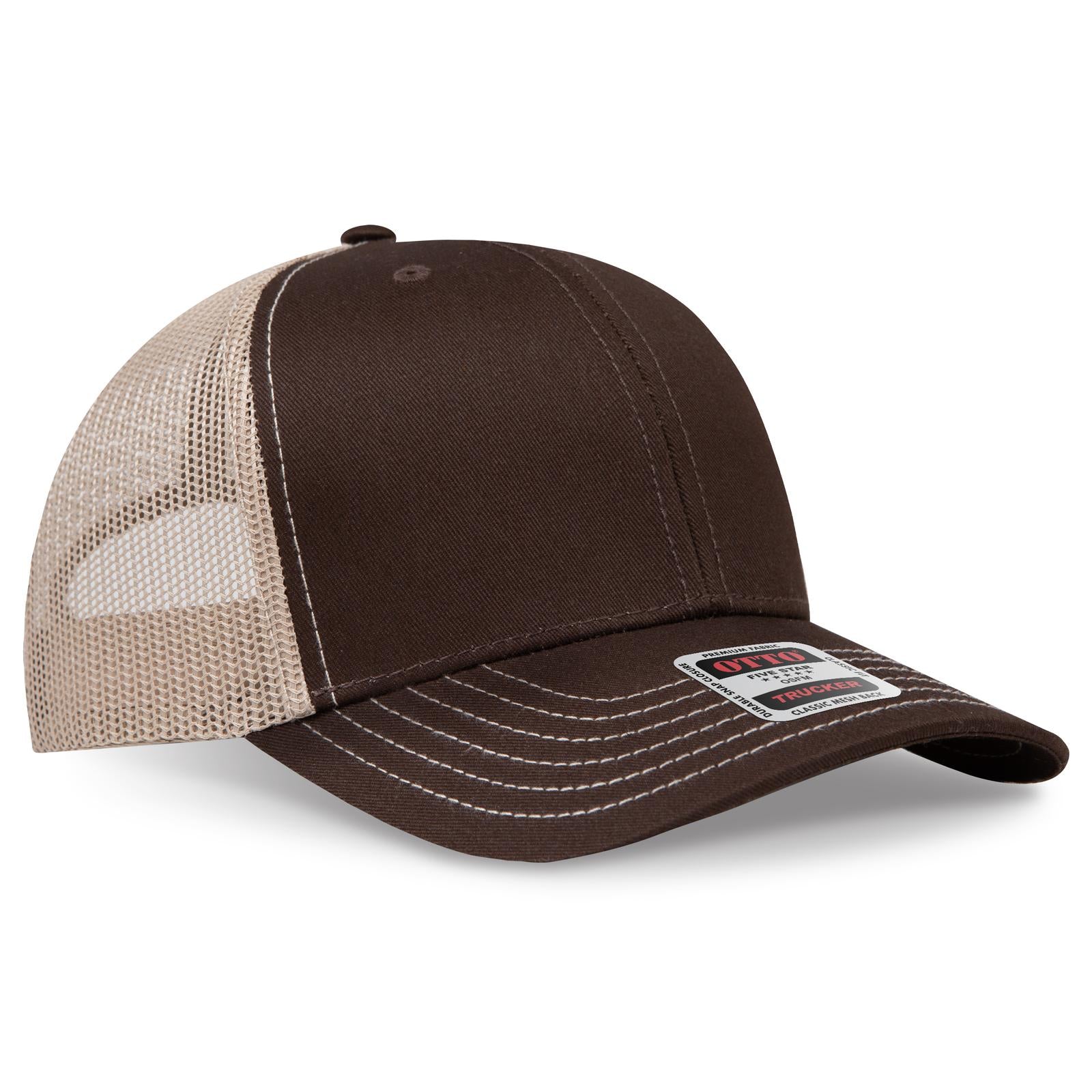 Right View of 393932 - Dk.Brn/Dk.Brn/Kha OTTO CAP 6 Panel Mid Profile Mesh Back Trucker Hat
