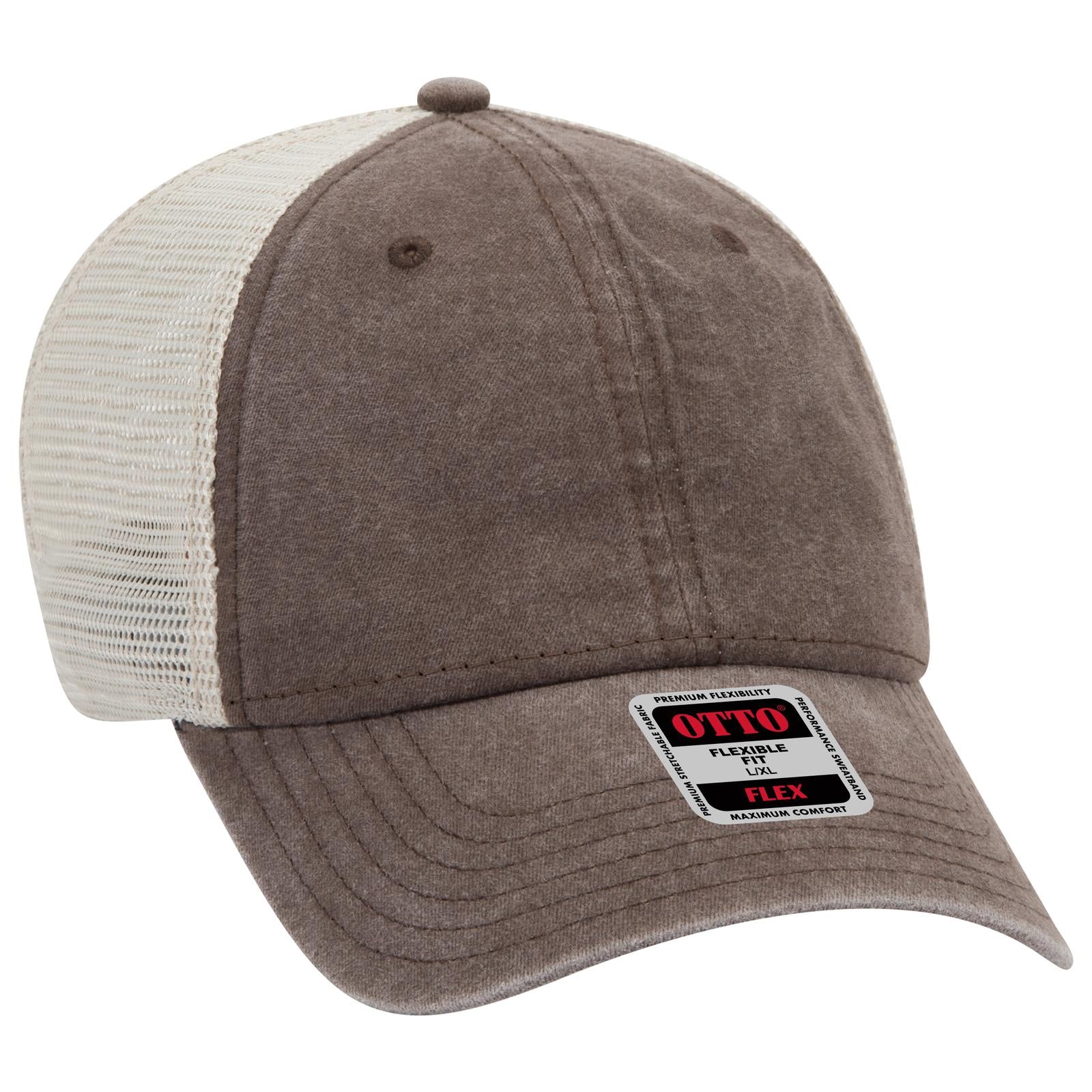 Front View of 393932 - Dk.Brn/Dk.Brn/Kha OTTO CAP "OTTO FLEX" Fitted 6 Panel Low Profile Mesh Back Trucker Hat
