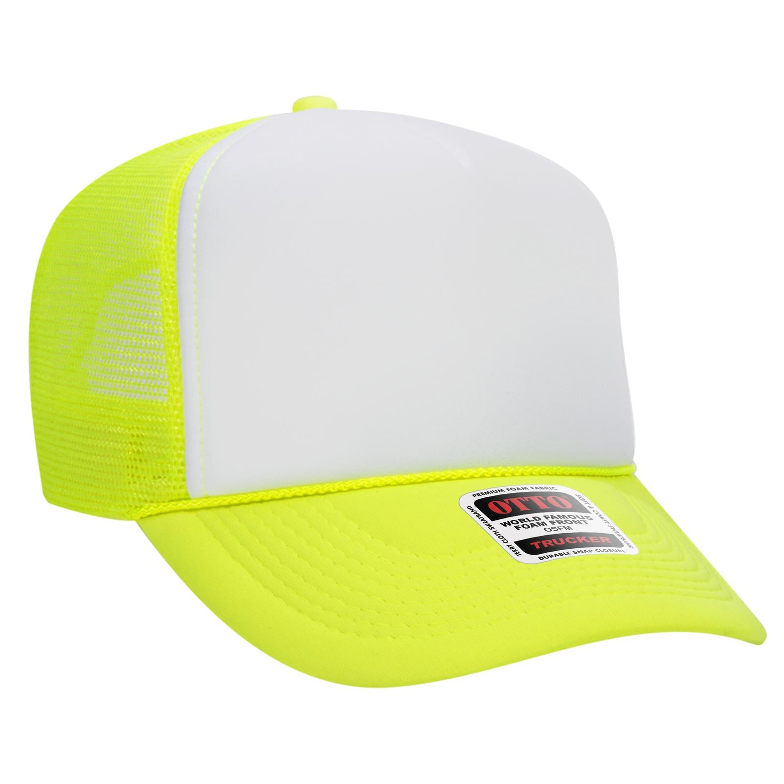 Right View of 401640 - N.Ylw/Wht/N.Ylw OTTO CAP 5 Panel High Crown Mesh Back Trucker Hat