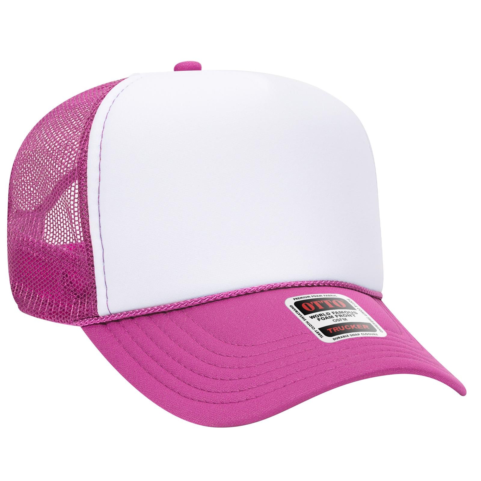 Front View of 421642 - H.Pnk/Wht/H.Pnk OTTO CAP 5 Panel Mid Profile Mesh Back Trucker Hat