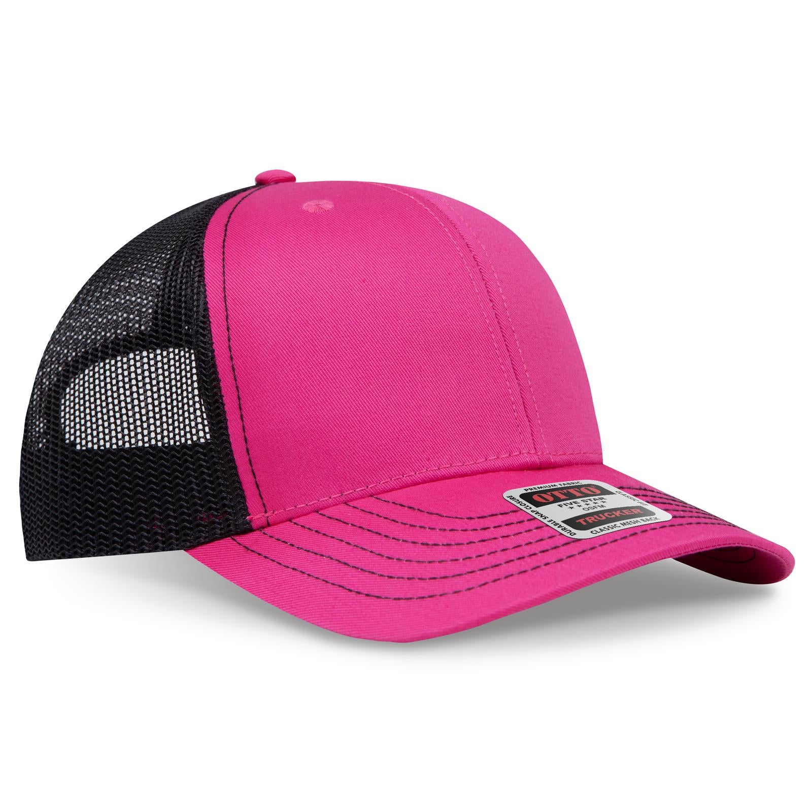Right View of 424203 - H.Pnk/H.Pnk/Blk OTTO CAP 6 Panel Mid Profile Mesh Back Trucker Hat