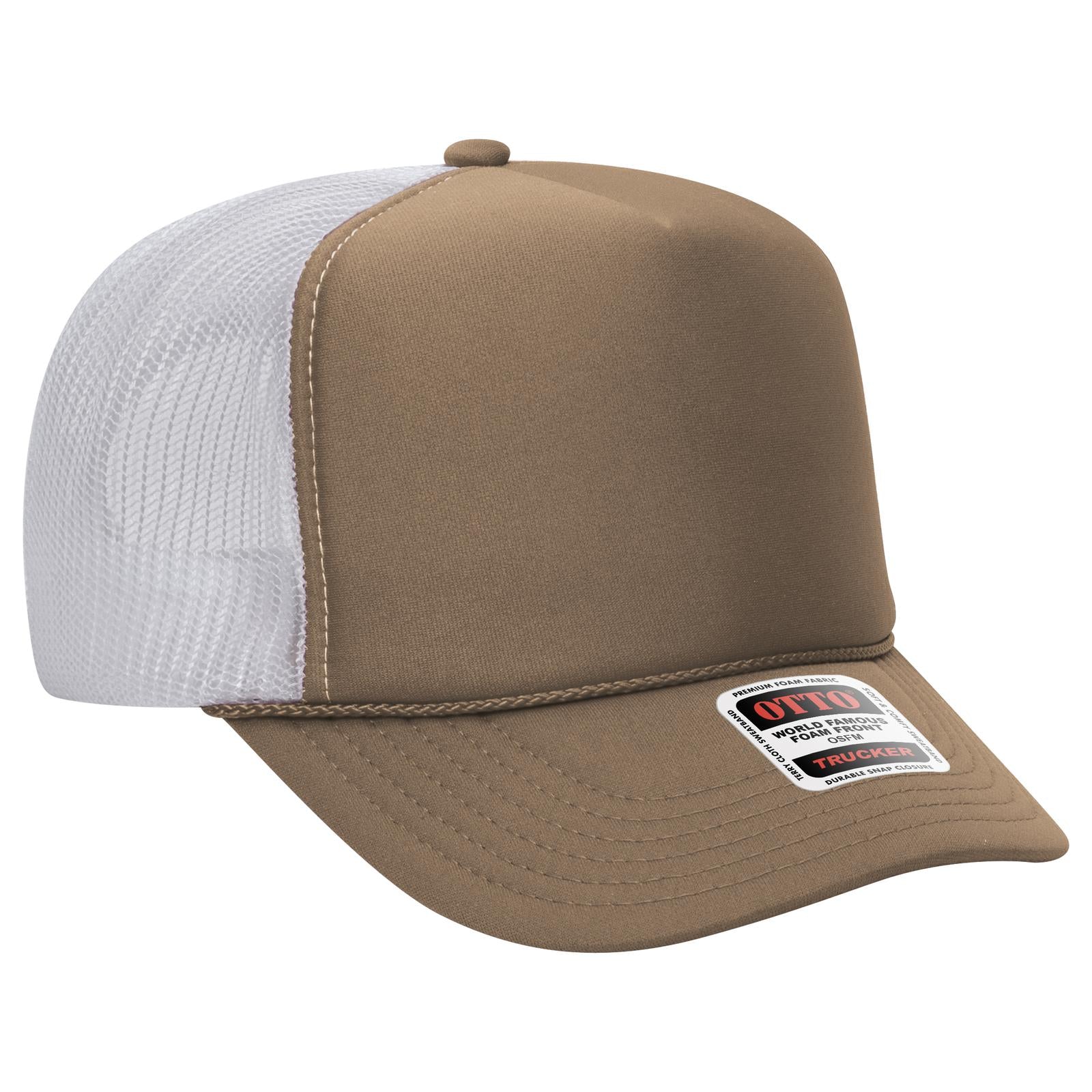 Right View of 535316 - Dk.Kha/Dk.Kha/Wht OTTO CAP 5 Panel High Crown Mesh Back Trucker Hat