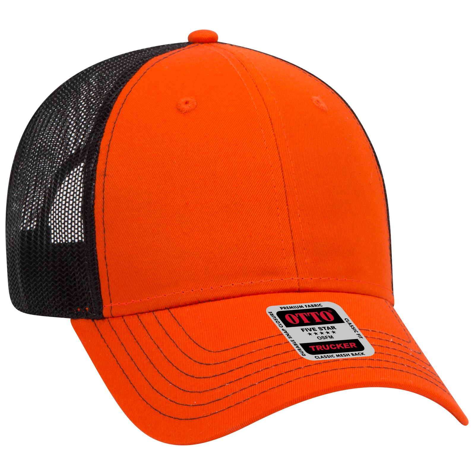 Front View of 626203 - Org/Org/Blk OTTO CAP 6 Panel Low Profile Mesh Back Trucker Hat