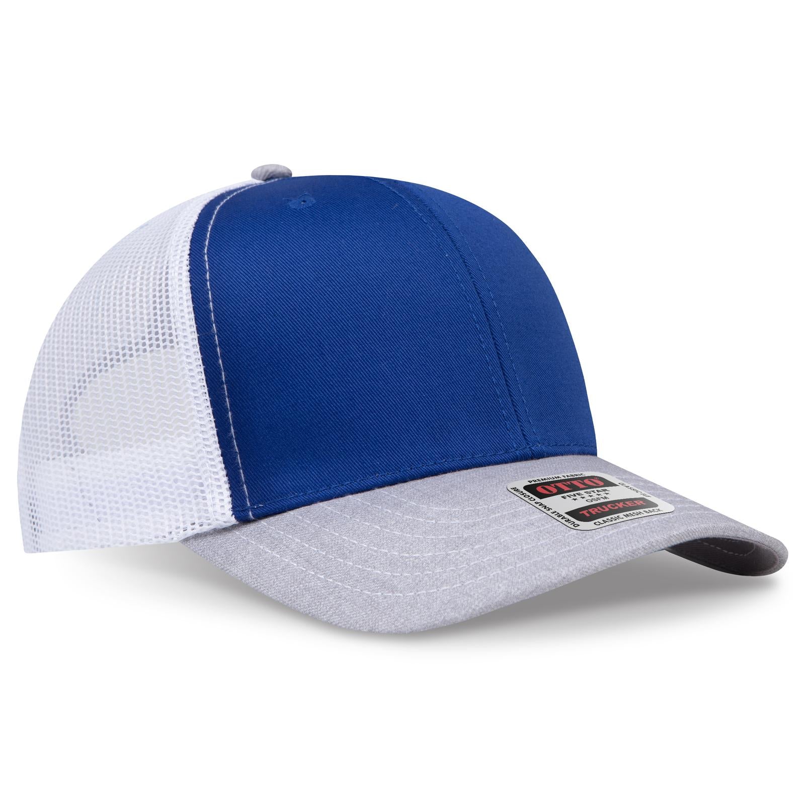 Right View of 740116 - HeatherGray/Royal/White OTTO CAP 6 Panel Mid Profile Mesh Back Trucker Hat