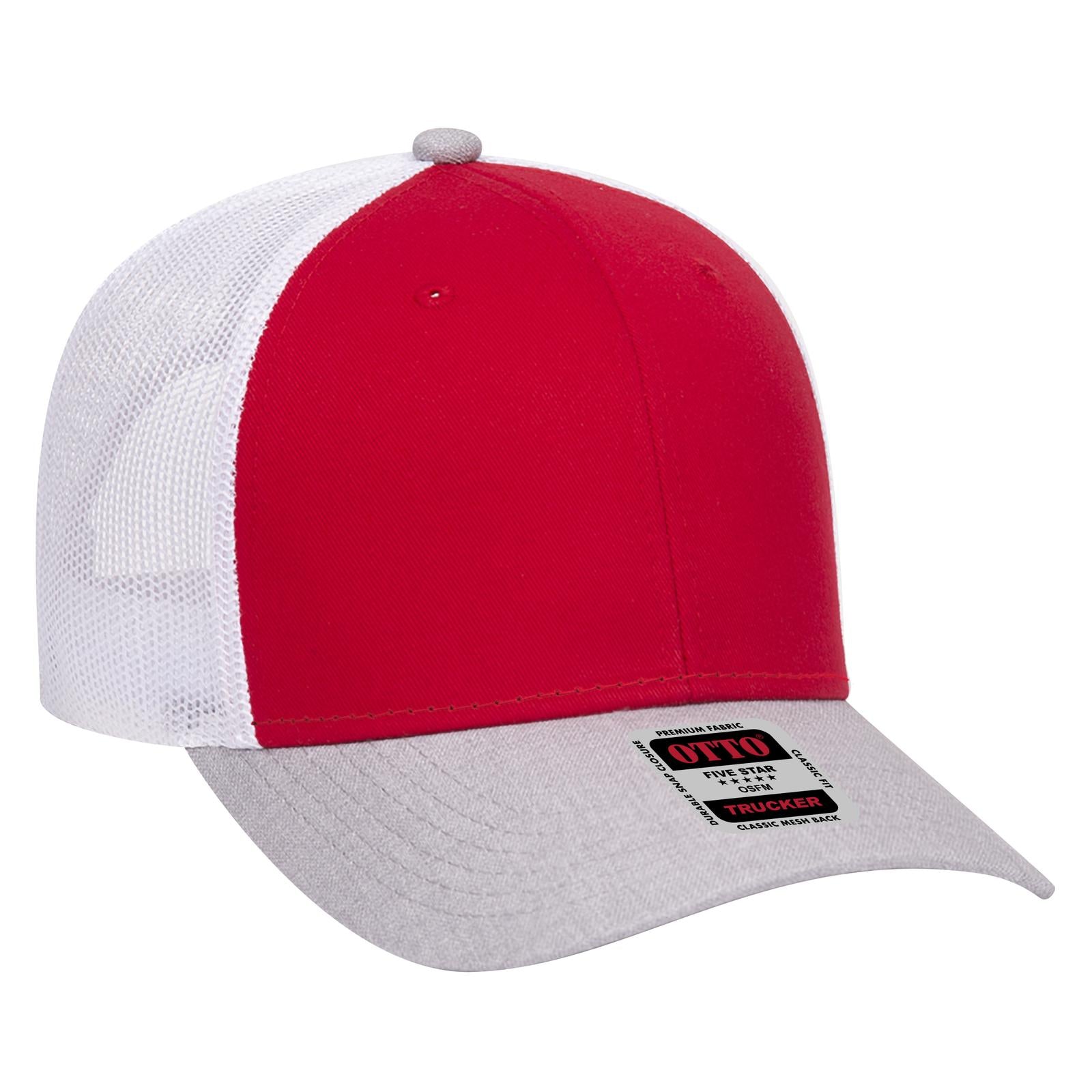 Right View of 740216 - HeatherGray/Red/White OTTO CAP 6 Panel Low Profile Mesh Back Trucker Hat