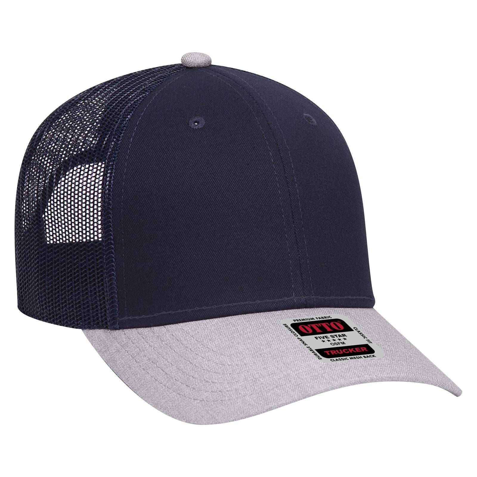 Right View of 740404 - HeatherGray/Navy/Navy OTTO CAP 6 Panel Low Profile Mesh Back Trucker Hat