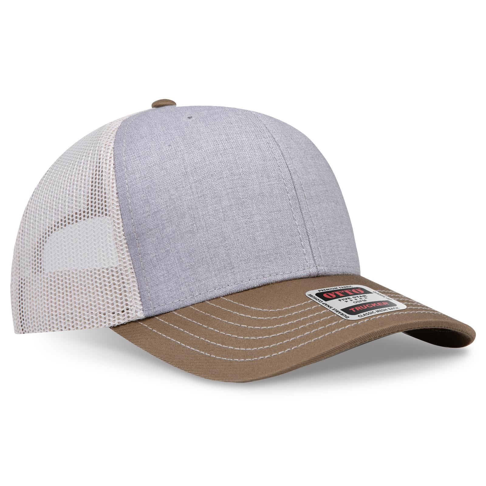 Right View of 847452 - Coy.Brn/H.Gry/Lt.Khk OTTO CAP 6 Panel Mid Profile Mesh Back Trucker Hat
