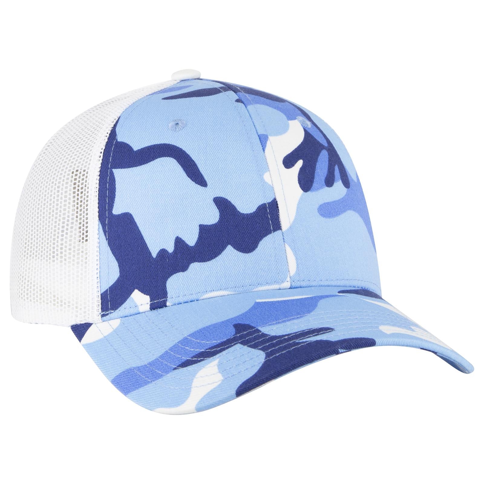 Front View of 9710416 - Aqu/Lk.Blu/Wht OTTO CAP Camouflage 6 Panel Low Profile Mesh Back Trucker Hat