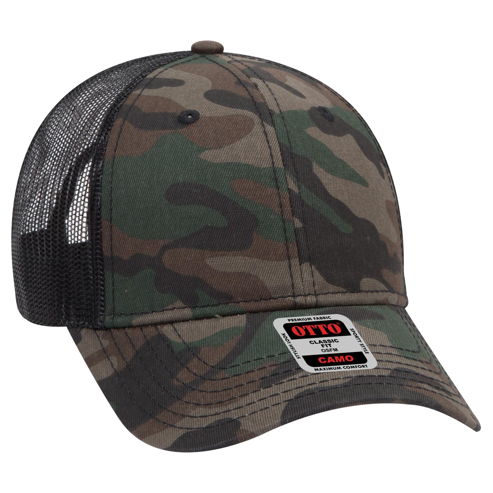 Right View of CP00403 - Camo/BlackMesh OTTO CAP Camouflage 6 Panel Low Profile Mesh Back Trucker Hat