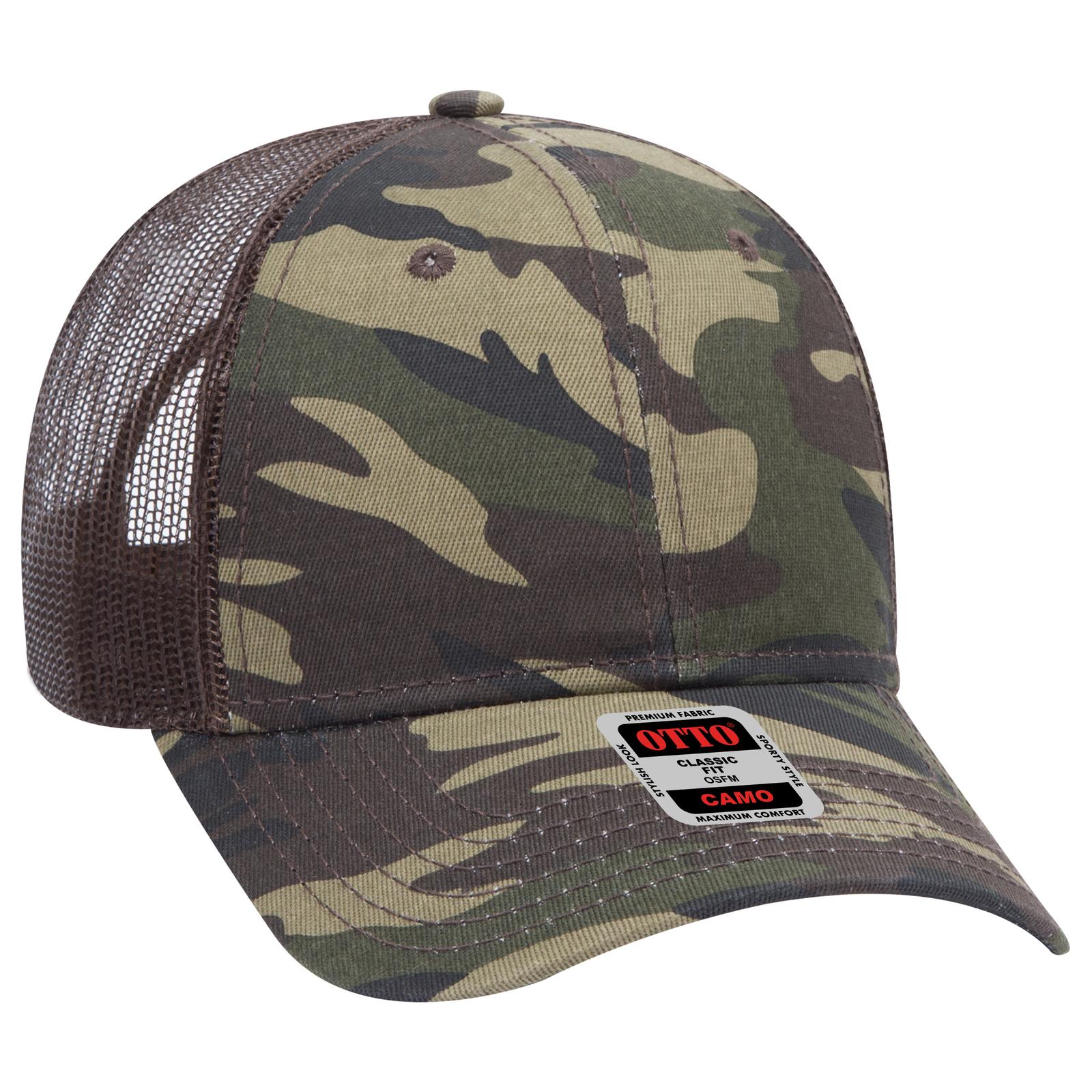 Front View of CP00839 - Camo/BrownMesh OTTO CAP Camouflage 6 Panel Low Profile Mesh Back Trucker Hat