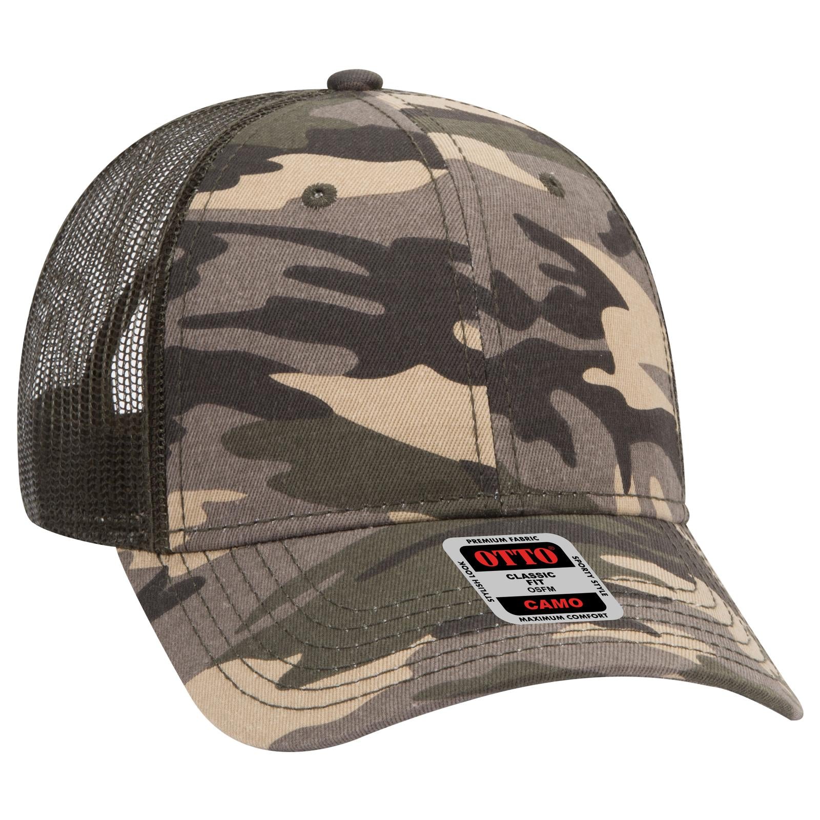 Right View of CP01046 - Camo/OliveMesh OTTO CAP Camouflage 6 Panel Low Profile Mesh Back Trucker Hat