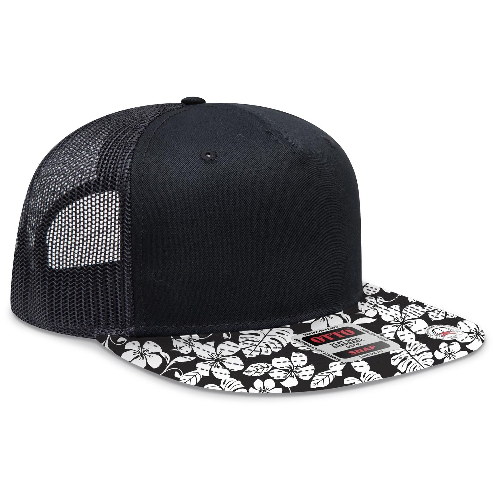 Right View of HP020303 - Design002/Blk/Blk OTTO CAP "OTTO SNAP" 5 Panel Pro Style Mesh Back Trucker Snapback Hat
