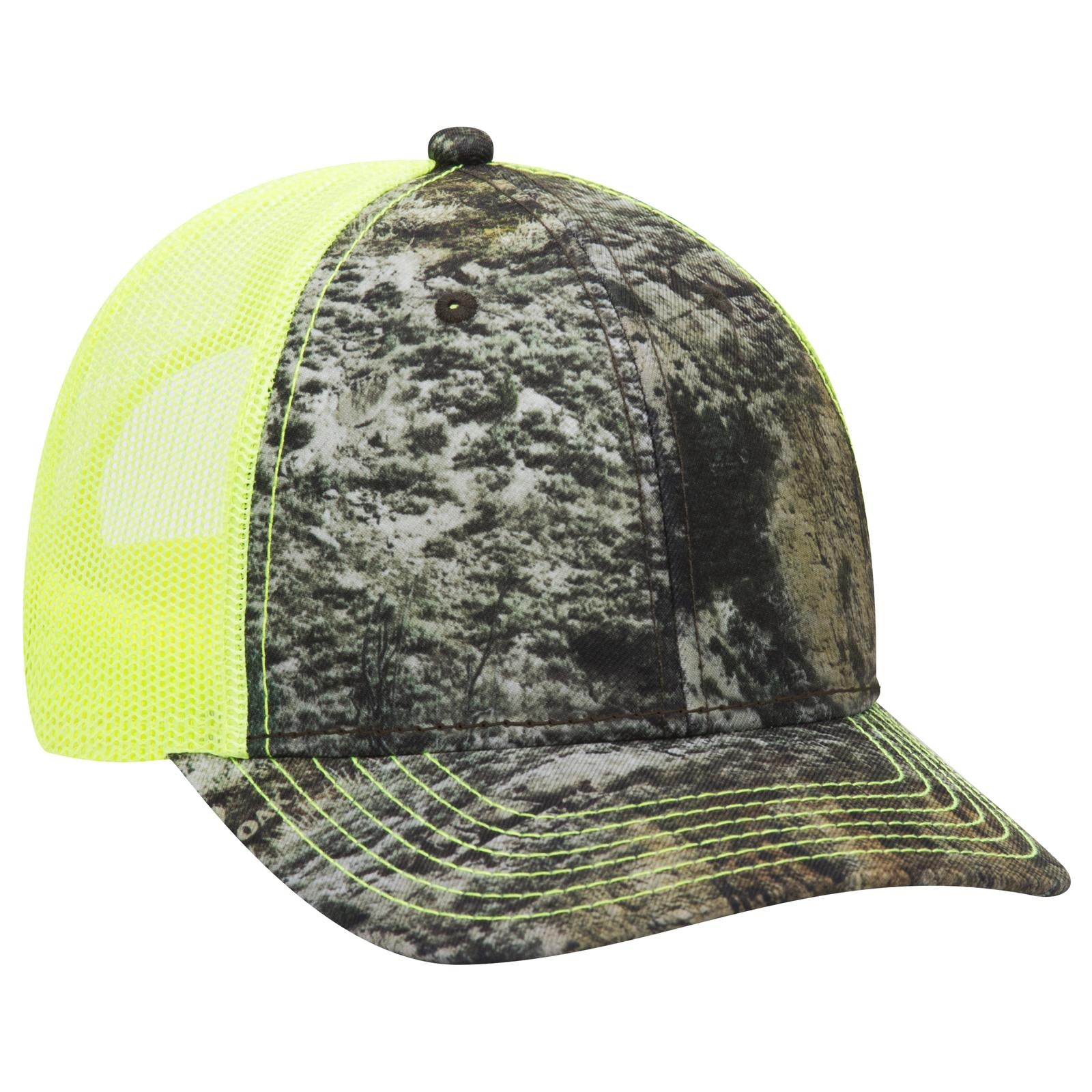 Right View of MO540 - Mountain Country Range/N.Ylw OTTO CAP Mossy Oak Camouflage 6 Panel Low Profile Mesh Back Trucker Hat