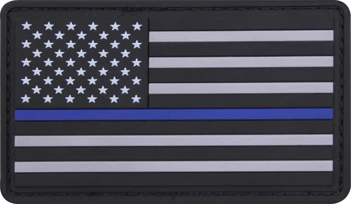 Rothco Pvc Thin Blue Line Flag Patch - Hook Back - Black / Silver / Bulk Packaging / one Size