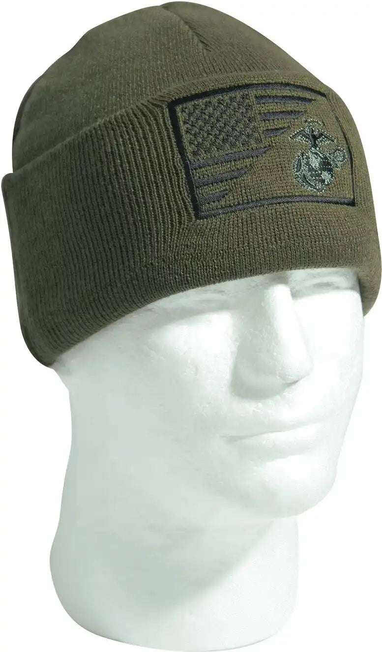 Rothco Usmc Eagle Globe and Anchor / us Flag Deluxe Fine Knit Watch Cap Olive Drab / one Size