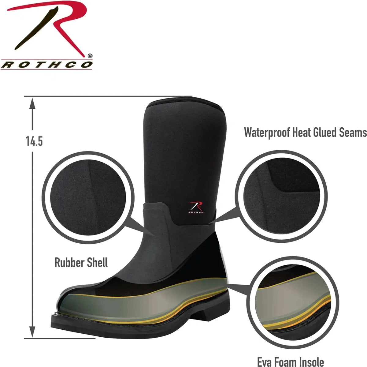 Rothco Waterproof Rubber Boots - Black - 14.5 Inch - 12