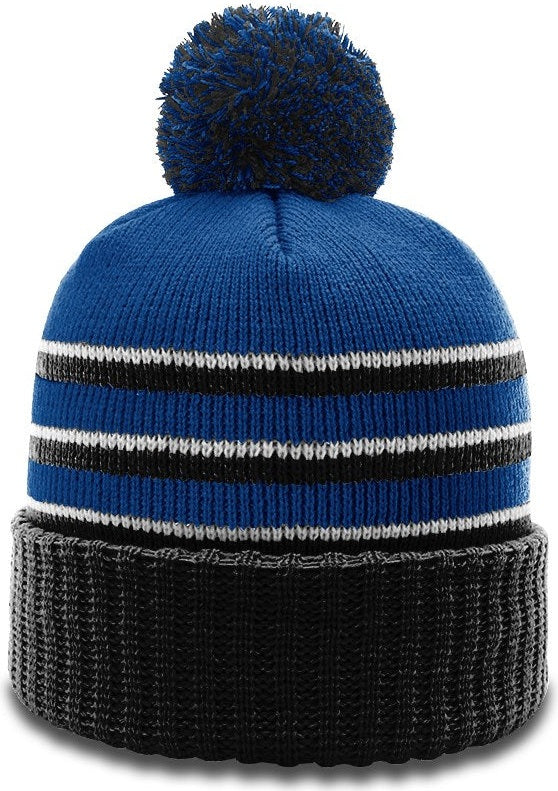 Royal/Black/White Sriped Beanie with Cuff & Pom
