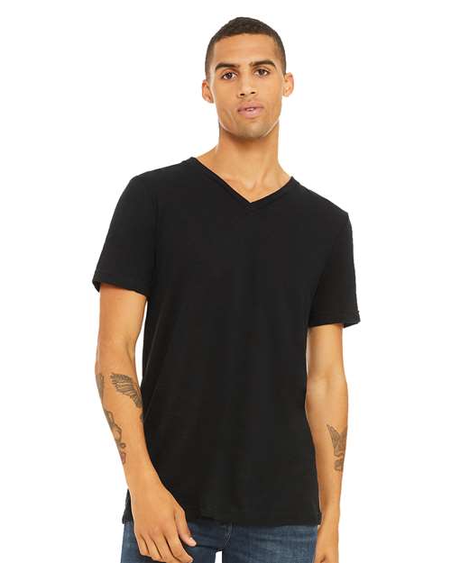 Solid Black Slub Textured Jersey V-Neck Tee - 3655