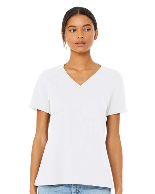 Solid White Blend Women's Relaxed Heather CVC V-Neck Tee - 6405CVC
