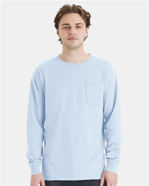 Soothing Blue Garment-Dyed Long Sleeve T-Shirt With a Pocket - GDH250