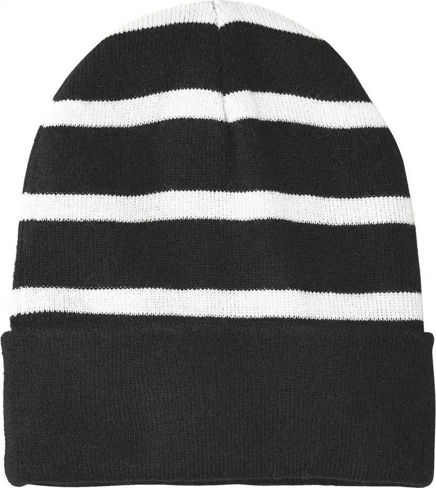 Sport-tek Stc31 Striped Beanie with Solid Band - Black White - one Size Fits Most