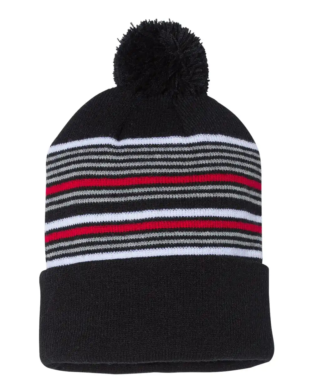 Sportsman Sp60s 12’’ Striped Pom-pom Cuffed Beanie - Sp60 - Black White Grey Red - Black/ White/ Grey/ / Osfa