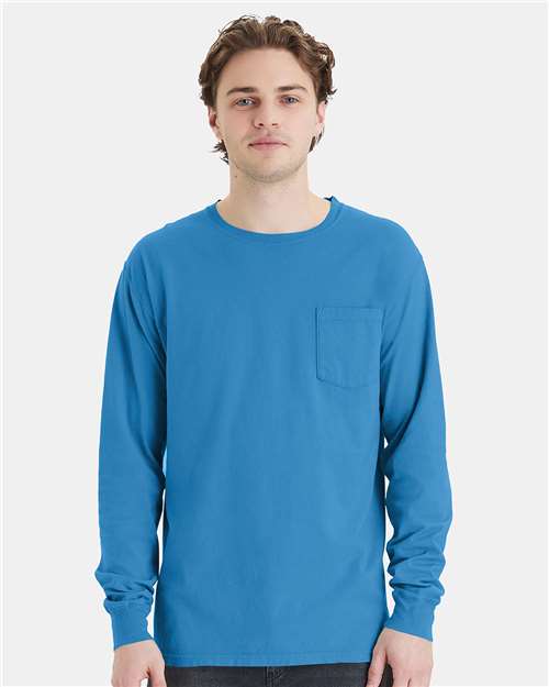 Summer Sky Blue Garment-Dyed Long Sleeve T-Shirt With a Pocket - GDH250