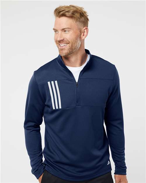 Team Navy Blue/ Grey Two 3-Stripes Double Knit Quarter-Zip Pullover - A482