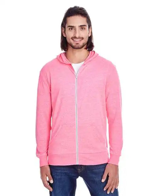Threadfast Apparel 302z Triblend Full-zip Lightweight Hooded Sweatshirt - Neon Pink - Xs