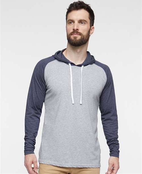 Vintage Heather/ Vintage Navy/ White Fine Jersey Hooded Long Sleeve Raglan T-Shirt - 6917